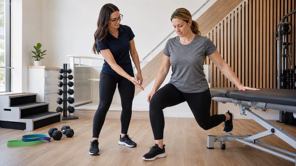 Exercise programs showing supported split squat supervision for hip, knee and trunk control